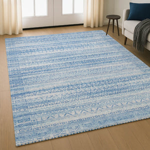 HomeRoots 9' X 12' Sky Blue & Ivory Striped Area Rug - Washable, UV Protected, Durable for High-Traffic Spaces 717856