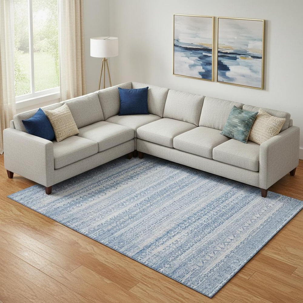 HomeRoots 9' X 12' Sky Blue & Ivory Striped Area Rug - Washable, UV Protected, Durable for High-Traffic Spaces 717856
