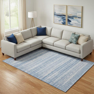 HomeRoots 9' X 12' Sky Blue & Ivory Striped Area Rug - Washable, UV Protected, Durable for High-Traffic Spaces 717856