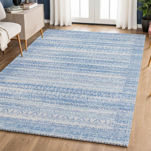 HomeRoots 10' Sky Blue and Ivory Striped Washable Area Rug - UV Protected, Durable, Easy Care for Home Use 717857