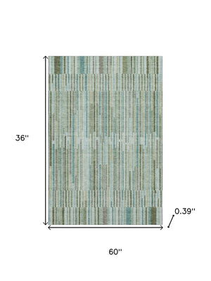 HomeRoots 5' X 8' Sage & Teal Striped Washable Area Rug – Durable, UV-Protected, Perfect for Busy Homes! 717859
