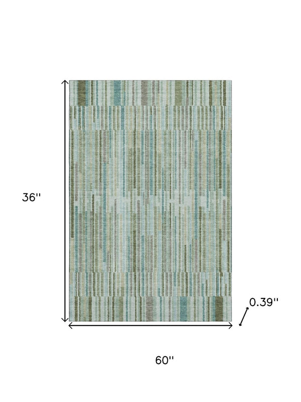 HomeRoots 5' X 8' Sage & Teal Striped Washable Area Rug – Durable, UV-Protected, Perfect for Busy Homes! 717859