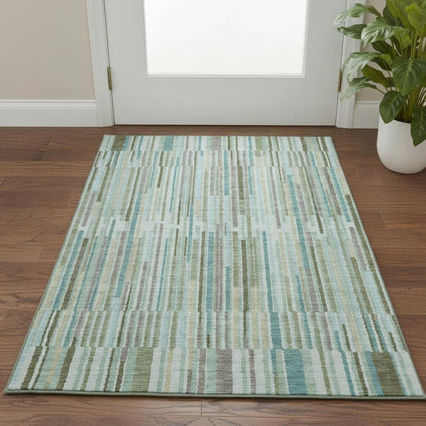 HomeRoots 5' X 8' Sage & Teal Striped Washable Area Rug – Durable, UV-Protected, Perfect for Busy Homes! 717859