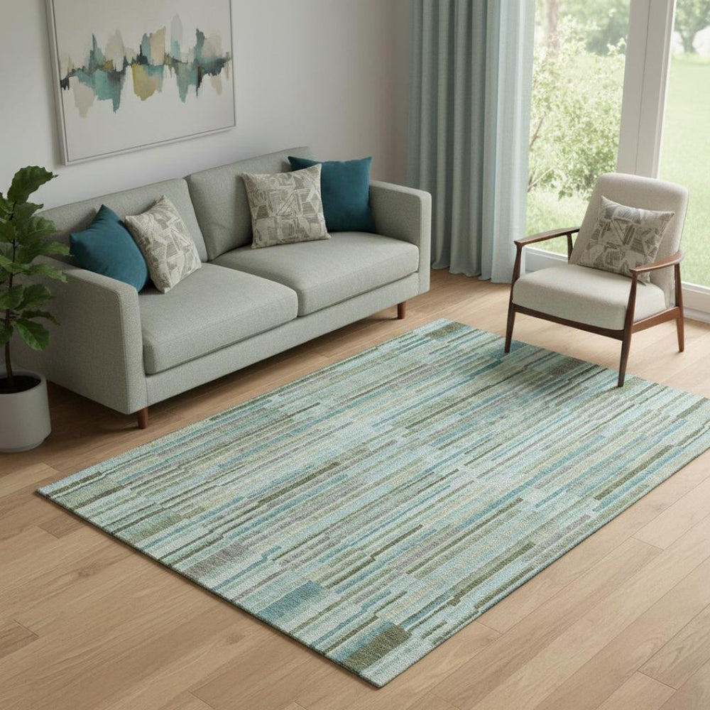 HomeRoots 8' Sage and Teal Striped Washable Round Rug - UV Protected, Stain Resistant, Ideal for Busy Homes 717860