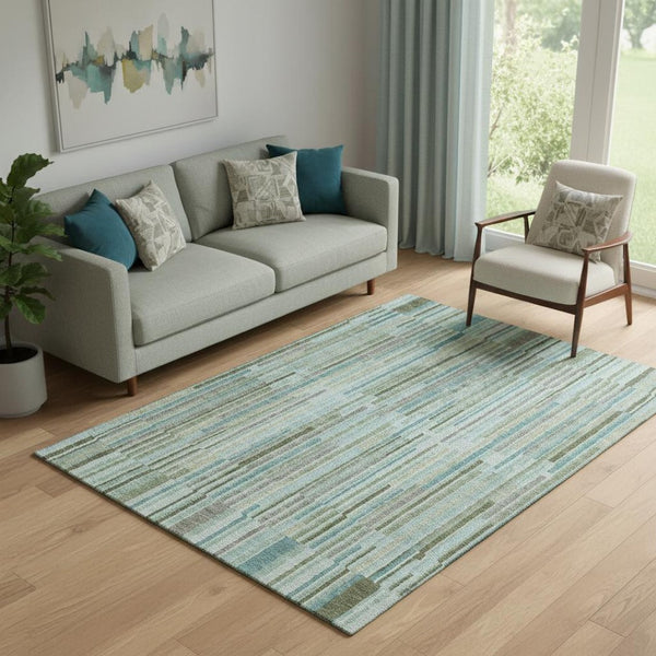 HomeRoots 8' Sage and Teal Striped Washable Round Rug - UV Protected, Stain Resistant, Ideal for Busy Homes 717860