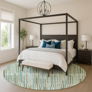 HomeRoots 8' X 10' Sage and Teal Striped Washable Area Rug - Durable, UV Protected, Stylish & Easy Care for Homes 717861