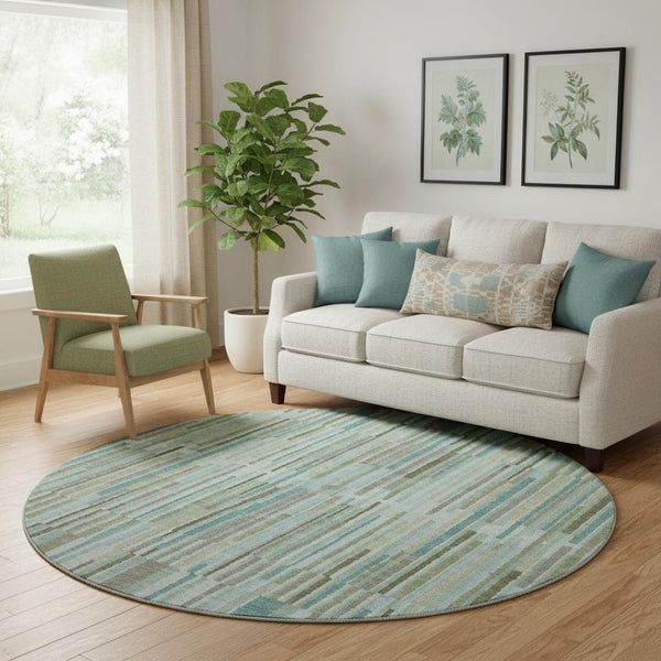 HomeRoots 8' X 10' Sage and Teal Striped Washable Area Rug - Durable, UV Protected, Stylish & Easy Care for Homes 717861