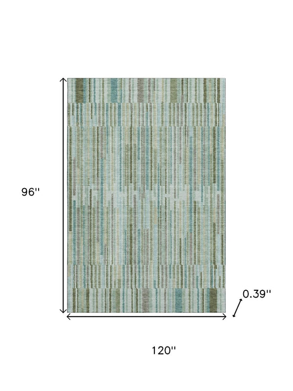 HomeRoots 9' X 12' Sage & Teal Striped Area Rug - Washable, UV-Protected, Durable for High-Traffic Spaces 717862