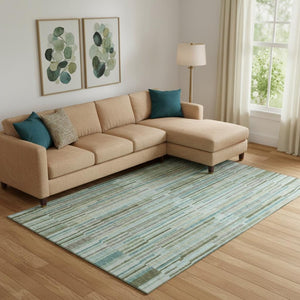 HomeRoots 9' X 12' Sage & Teal Striped Area Rug - Washable, UV-Protected, Durable for High-Traffic Spaces 717862