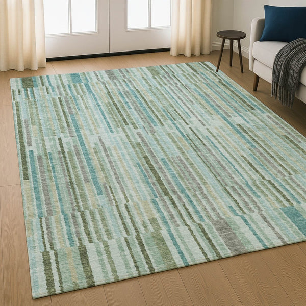 HomeRoots 10' Sage and Teal Striped Washable Area Rug – Durable, Stain Resistant, UV Protected for High-Traffic Areas 717863