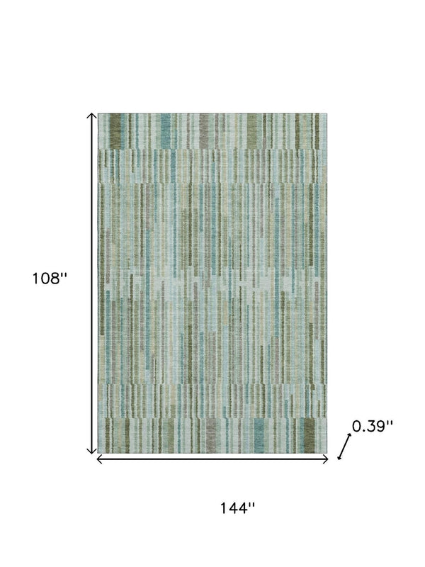 HomeRoots 10' Sage and Teal Striped Washable Area Rug – Durable, Stain Resistant, UV Protected for High-Traffic Areas 717863