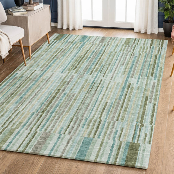 HomeRoots 10' Sage and Teal Striped Washable Area Rug – Durable, Stain Resistant, UV Protected for High-Traffic Areas 717863