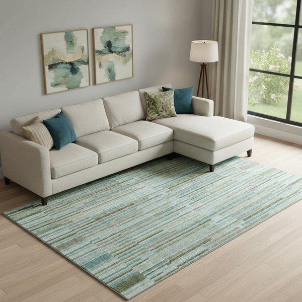 HomeRoots 10' Sage and Teal Striped Washable Area Rug – Durable, Stain Resistant, UV Protected for High-Traffic Areas 717863