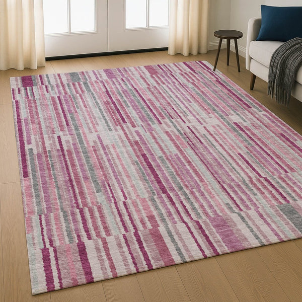 HomeRoots 5' X 8' Blush & Silver Striped Washable Area Rug with UV Protection - Soft, Durable & Stylish Decor 717865