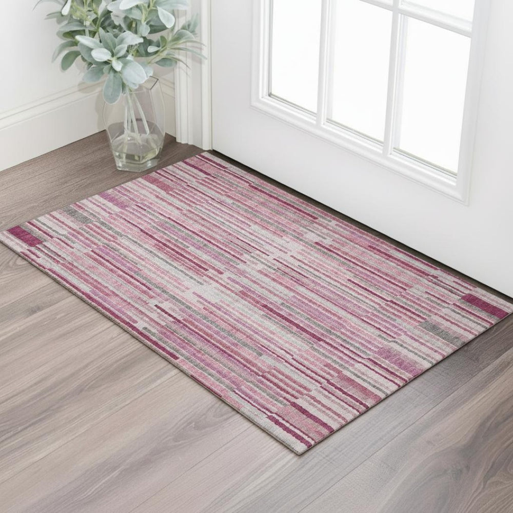 HomeRoots 5' X 8' Blush & Silver Striped Washable Area Rug with UV Protection - Soft, Durable & Stylish Decor 717865