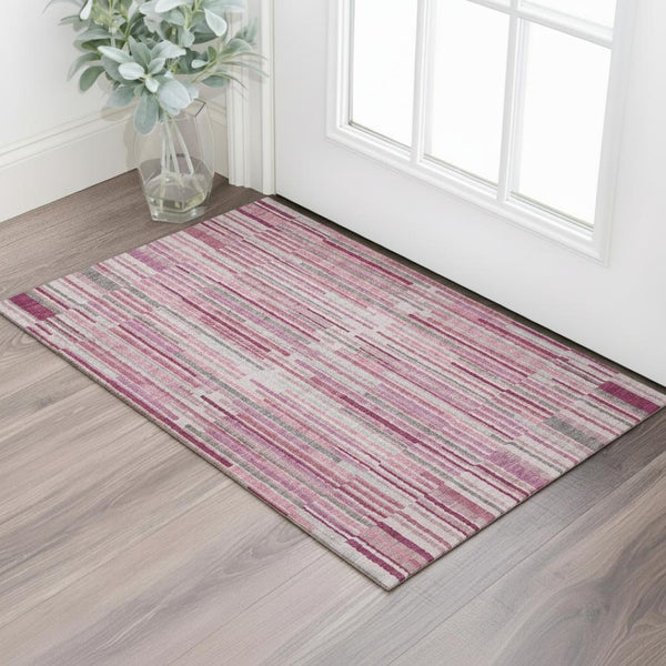 HomeRoots 5' X 8' Blush & Silver Striped Washable Area Rug with UV Protection - Soft, Durable & Stylish Decor 717865