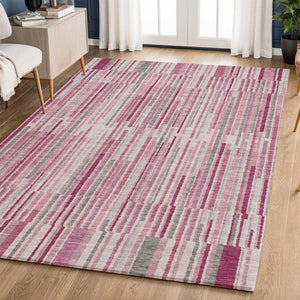 HomeRoots 5' X 8' Blush & Silver Striped Washable Area Rug with UV Protection - Soft, Durable & Stylish Decor 717865