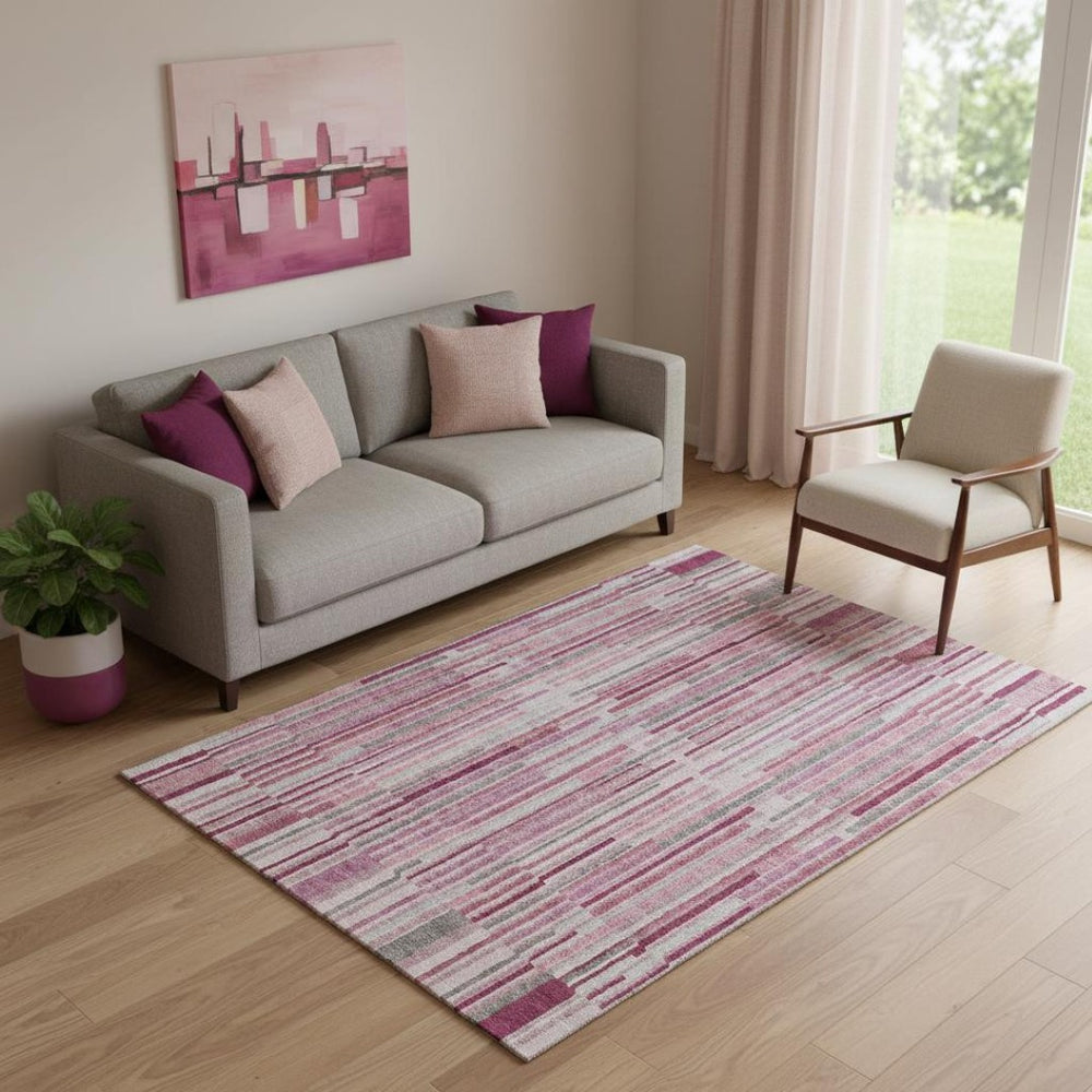 HomeRoots 8' Blush and Silver Striped Washable Round Rug – Durable, Stylish, and Easy-Care for Busy Homes 717866
