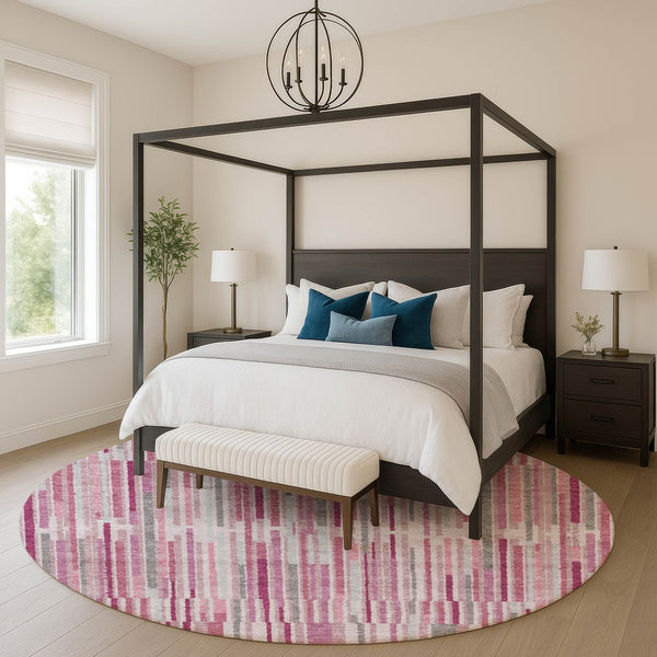 HomeRoots 8' X 10' Stylish Blush and Silver Striped Washable Area Rug – UV Protected, Pet Friendly, Durable Design 717867