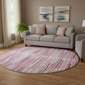 HomeRoots 8' X 10' Stylish Blush and Silver Striped Washable Area Rug – UV Protected, Pet Friendly, Durable Design 717867