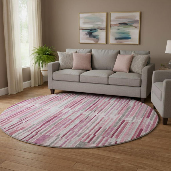 HomeRoots 8' X 10' Stylish Blush and Silver Striped Washable Area Rug – UV Protected, Pet Friendly, Durable Design 717867
