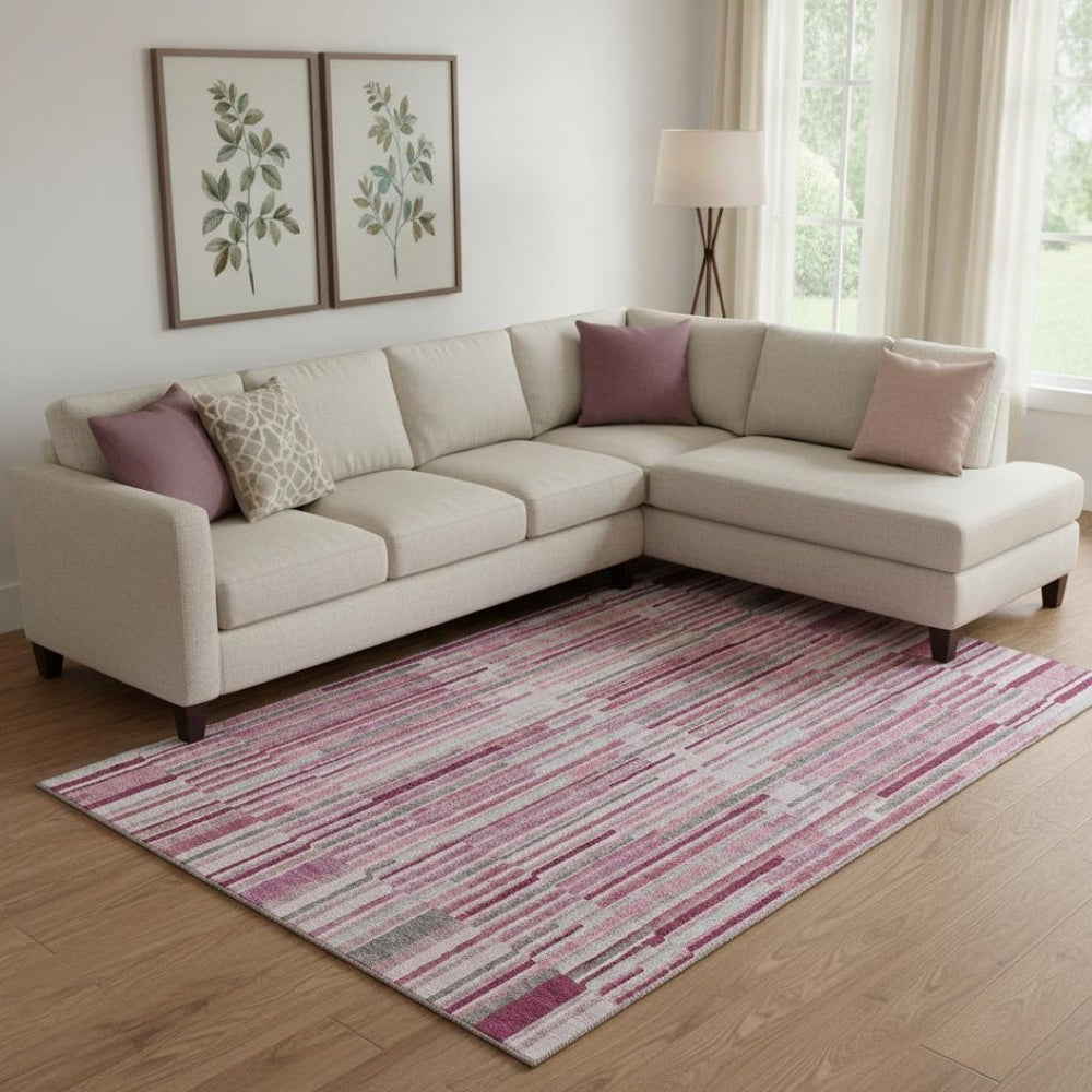 HomeRoots 10' X 14' Blush and Silver Striped Area Rug - Washable, UV-Protected, Durable for Busy Homes! 717869
