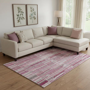 HomeRoots 10' X 14' Blush and Silver Striped Area Rug - Washable, UV-Protected, Durable for Busy Homes! 717869