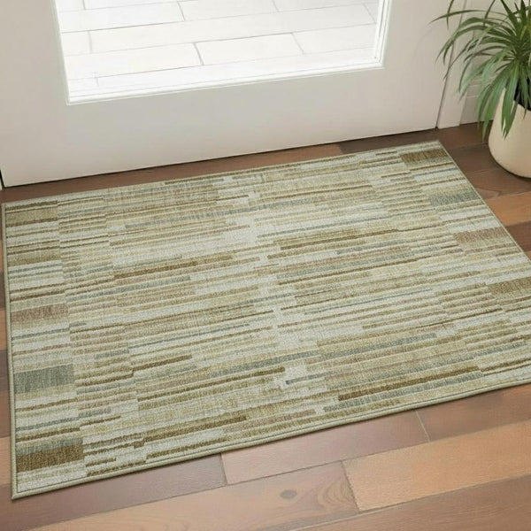 HomeRoots 5' X 8' Striped Khaki and Beige Washable Area Rug with UV Protection for High-Traffic Spaces 717877