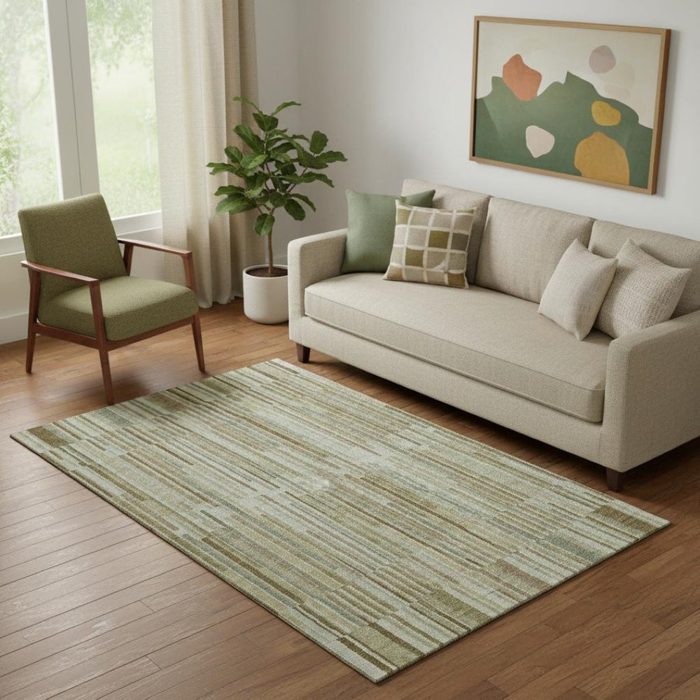 HomeRoots 8' Khaki and Beige Striped Washable Round Rug - Durable, UV Protected, Stain-Resistant for Families 717878