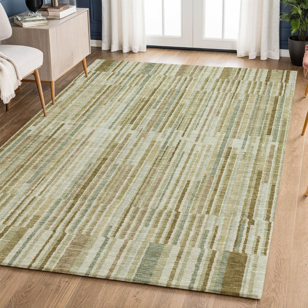 HomeRoots 9' X 12' Stylish Khaki and Beige Striped Area Rug - Washable, UV Protected & Perfect for High-Traffic Areas 717880