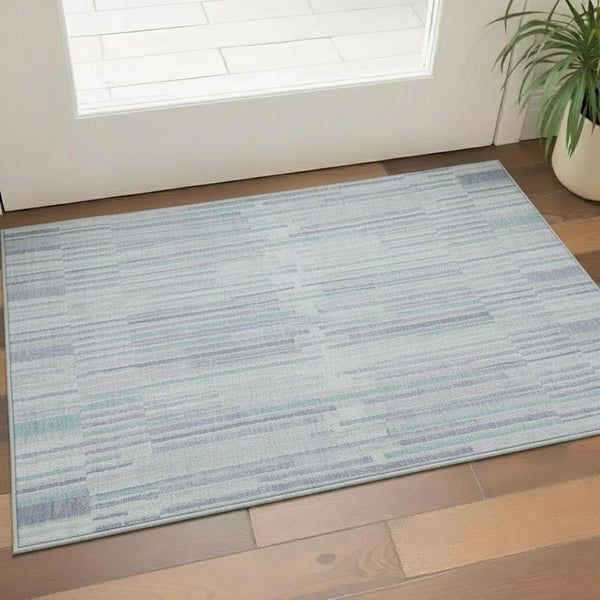HomeRoots 5' X 8' Stylish Mint Green & Denim Blue Striped Washable Area Rug with Stain Resistance & UV Protection 717883