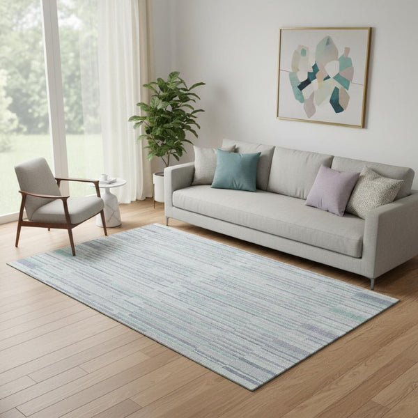 HomeRoots 8' Mint Green & Denim Blue Striped Washable Round Rug - Soft, Durable, UV-Resistant for Indoor/Outdoor Use 717884