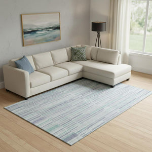 HomeRoots 9' X 12' Coastal Mint Green & Denim Blue Striped Area Rug - Washable, UV Protected & Pet Friendly 717886