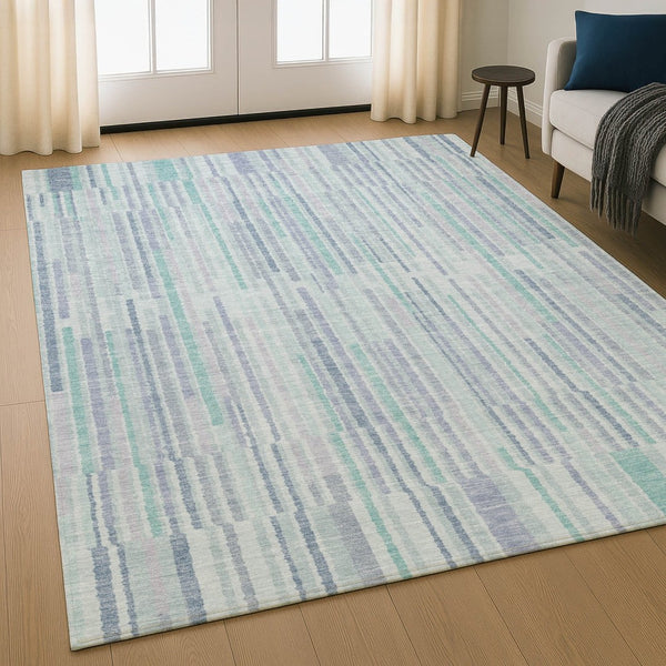 HomeRoots 10' Coastal-Inspired Mint Green & Denim Blue Striped Area Rug - Washable, UV-Protected & Durable! 717887