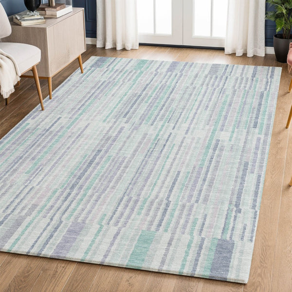 HomeRoots 10' Coastal-Inspired Mint Green & Denim Blue Striped Area Rug - Washable, UV-Protected & Durable! 717887