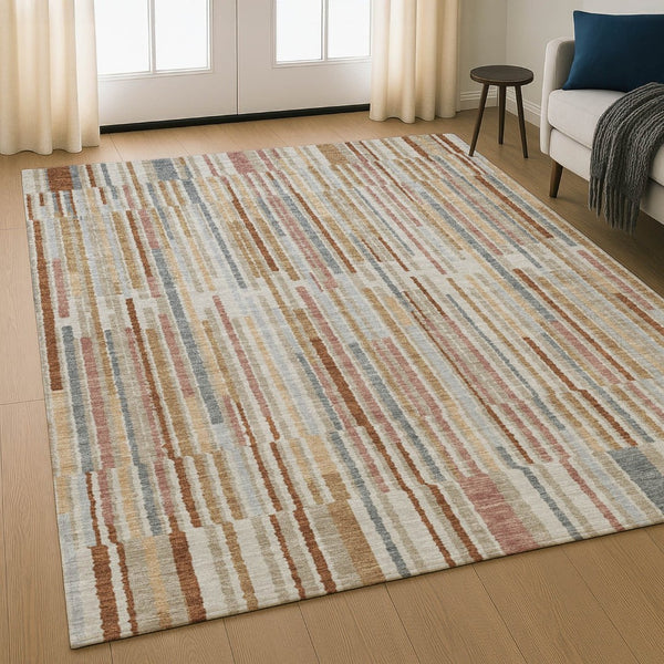 HomeRoots 5' X 8' Striped Washable Area Rug in Rust and Gray - UV Protected, Soft, Durable, Easy-Clean Design 717889