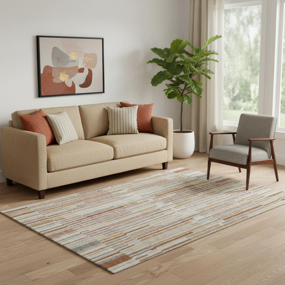 HomeRoots 8' Washable Round Rug in Rust and Gray Stripes - UV Protected, Durable, Easy-Clean for Families & Pets 717890