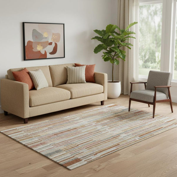HomeRoots 8' Washable Round Rug in Rust and Gray Stripes - UV Protected, Durable, Easy-Clean for Families & Pets 717890