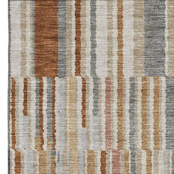 HomeRoots 9' X 12' Stylish Rust and Gray Striped Washable Area Rug with UV Protection for Active Homes 717892