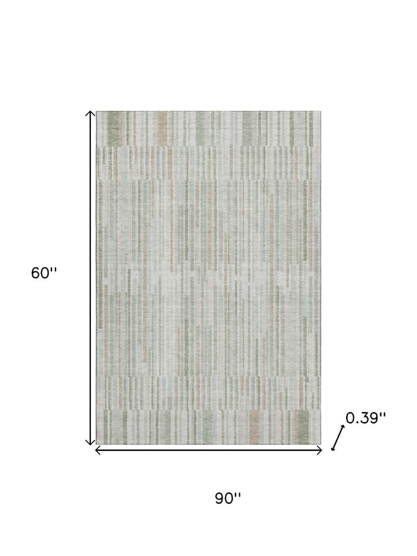 HomeRoots 8' Sage and Ivory Striped Washable Round Rug – Durable, UV-Protected, Easy-Clean for Any Room! 717896