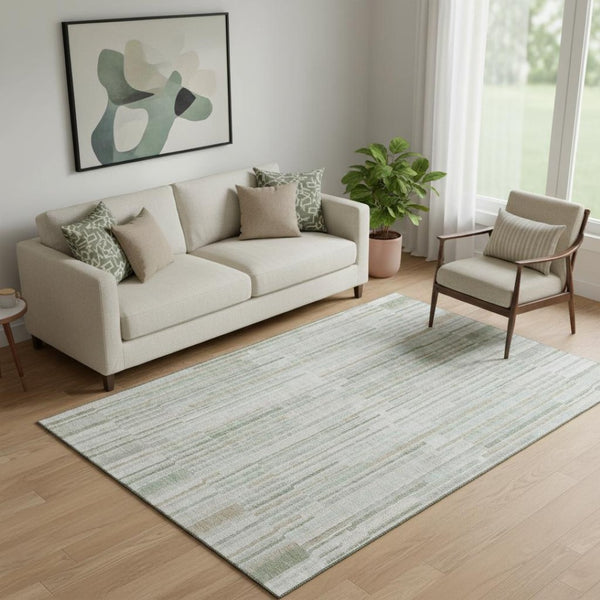 HomeRoots 8' Sage and Ivory Striped Washable Round Rug – Durable, UV-Protected, Easy-Clean for Any Room! 717896