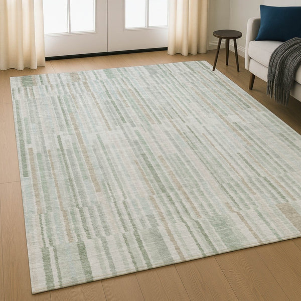 HomeRoots 9' X 12' Sage and Ivory Striped Washable Area Rug - Durable, Stylish, UV-Protected for Any Room 717898