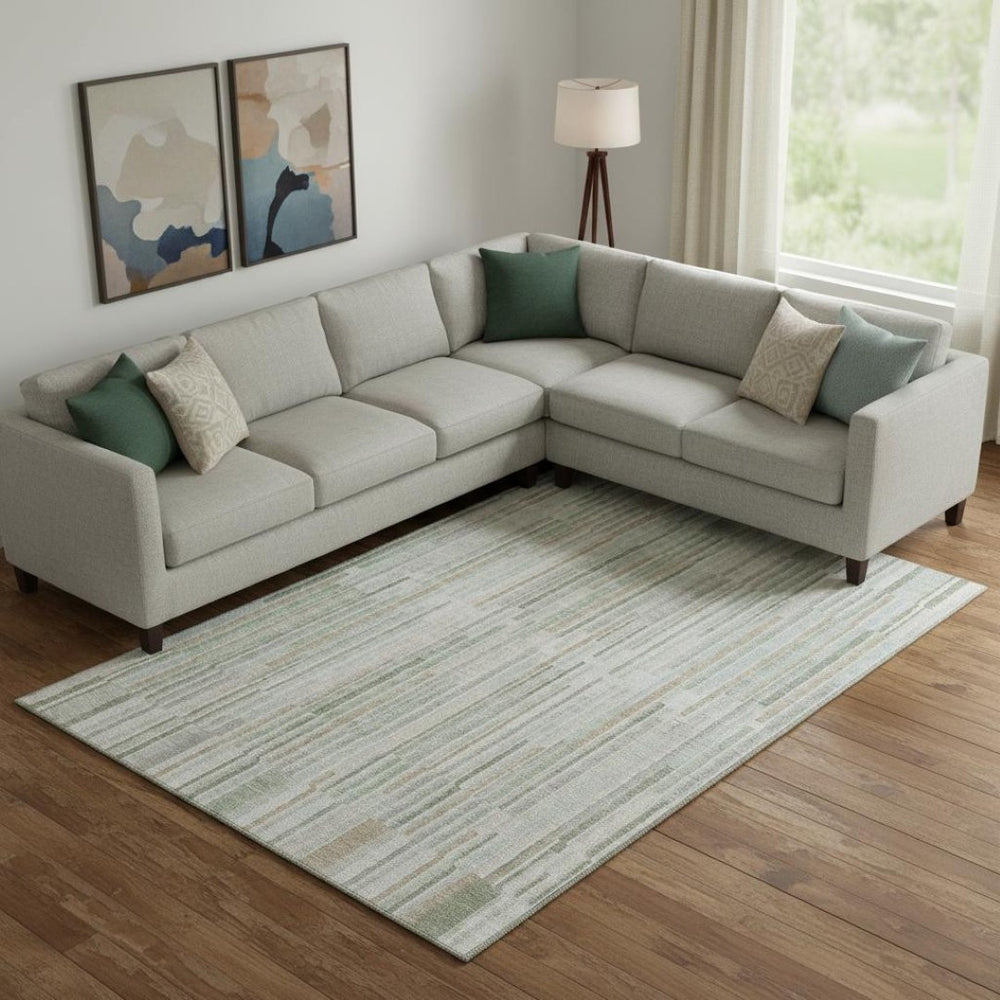 HomeRoots 9' X 12' Sage and Ivory Striped Washable Area Rug - Durable, Stylish, UV-Protected for Any Room 717898