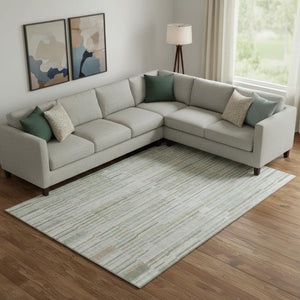HomeRoots 9' X 12' Sage and Ivory Striped Washable Area Rug - Durable, Stylish, UV-Protected for Any Room 717898