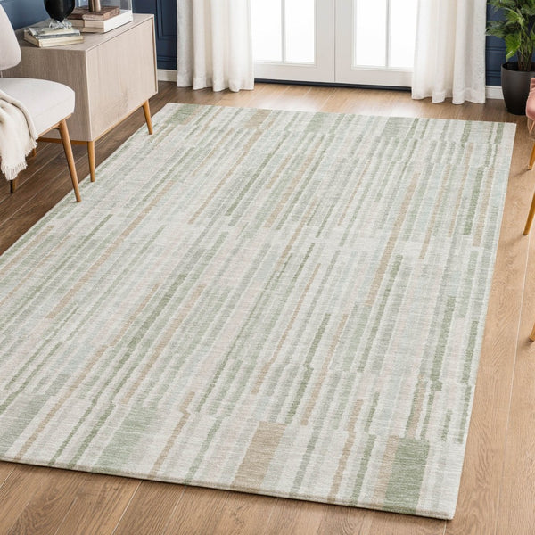 HomeRoots 9' X 12' Sage and Ivory Striped Washable Area Rug - Durable, Stylish, UV-Protected for Any Room 717898