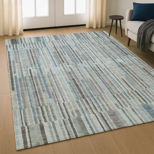 HomeRoots 8' Teal And Brown Striped Washable Round Rug – Durable, UV-Protected, Perfect for Homes with Kids & Pets 717902