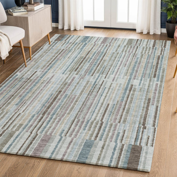 HomeRoots 8' Teal And Brown Striped Washable Round Rug – Durable, UV-Protected, Perfect for Homes with Kids & Pets 717902