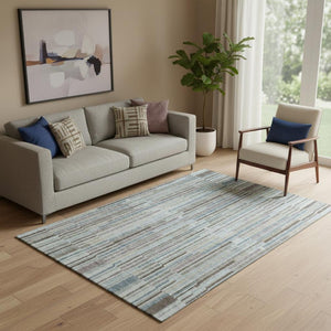 HomeRoots 8' Teal And Brown Striped Washable Round Rug – Durable, UV-Protected, Perfect for Homes with Kids & Pets 717902