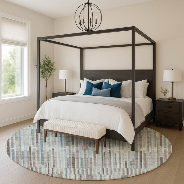 HomeRoots 8' X 10' Teal and Brown Striped Area Rug - Washable, UV-Protected, Stain-Resistant for Any Room 717903