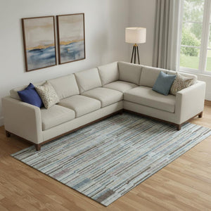 HomeRoots 9' X 12' Teal and Brown Striped Washable Area Rug with Non-Slip Backing & UV Protection for Homes 717904
